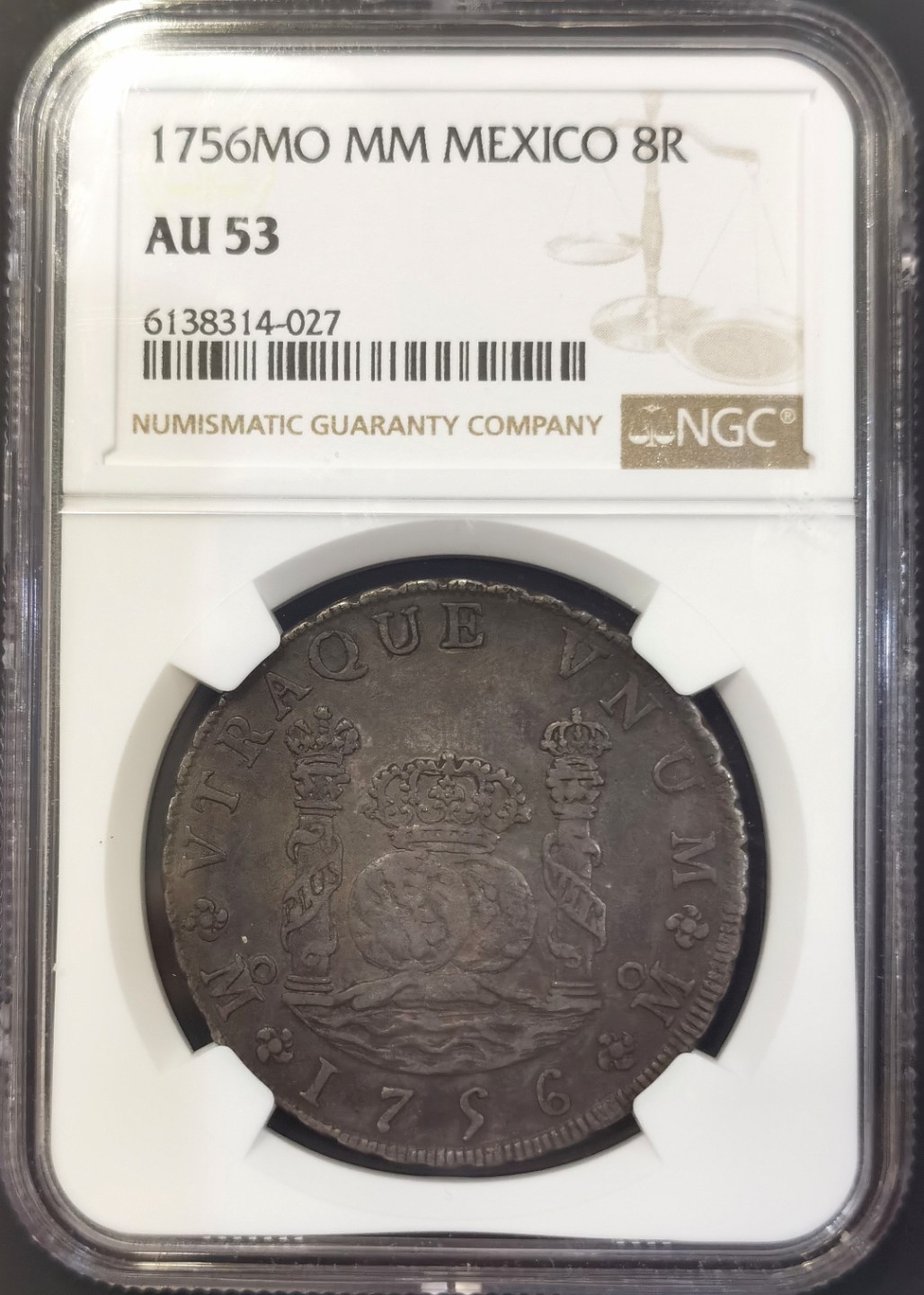 博洋堂世界钱币拍卖第008期（全场包邮） NGC AU53 西属墨西哥1756年费六地球双柱8R，醇黑包浆状态好