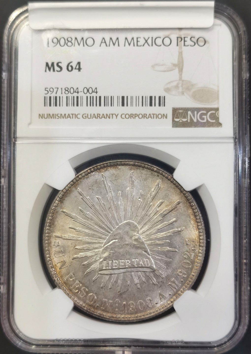 博洋堂世界钱币拍卖第008期（全场包邮） NGC MS64 墨西哥1908年MO AM版直边鹰洋，深打全羽