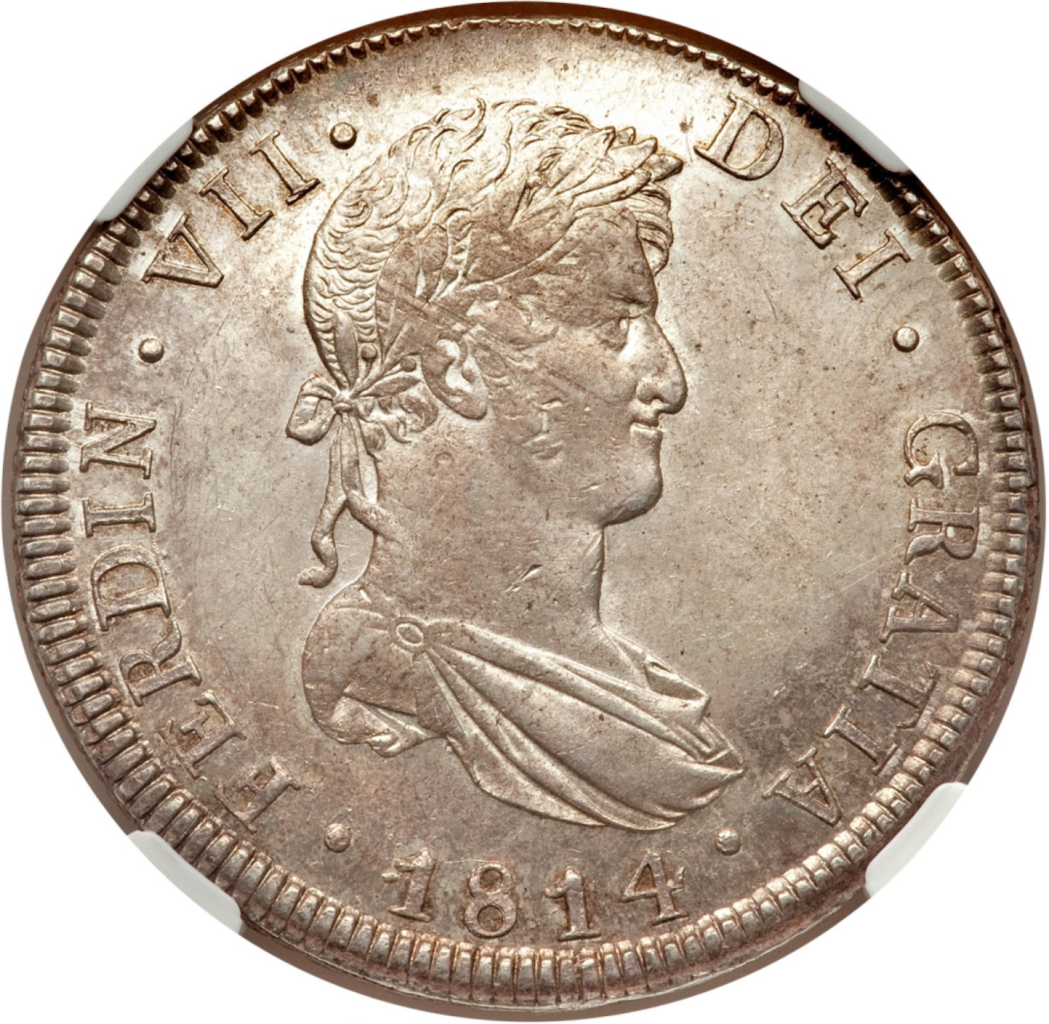 博洋堂世界钱币拍卖第008期（全场包邮） NGC MS63 西属危地马拉1814年费七双柱8R，真正收藏级双柱品种，NGC冠军分