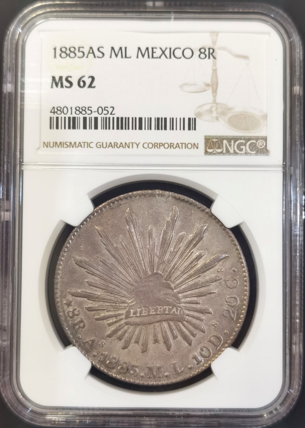 博洋堂世界钱币拍卖第008期（全场包邮） NGC MS62 墨西哥1885年AS ML版花边鹰洋，七级，铸造量28万枚，仅有3枚更高分