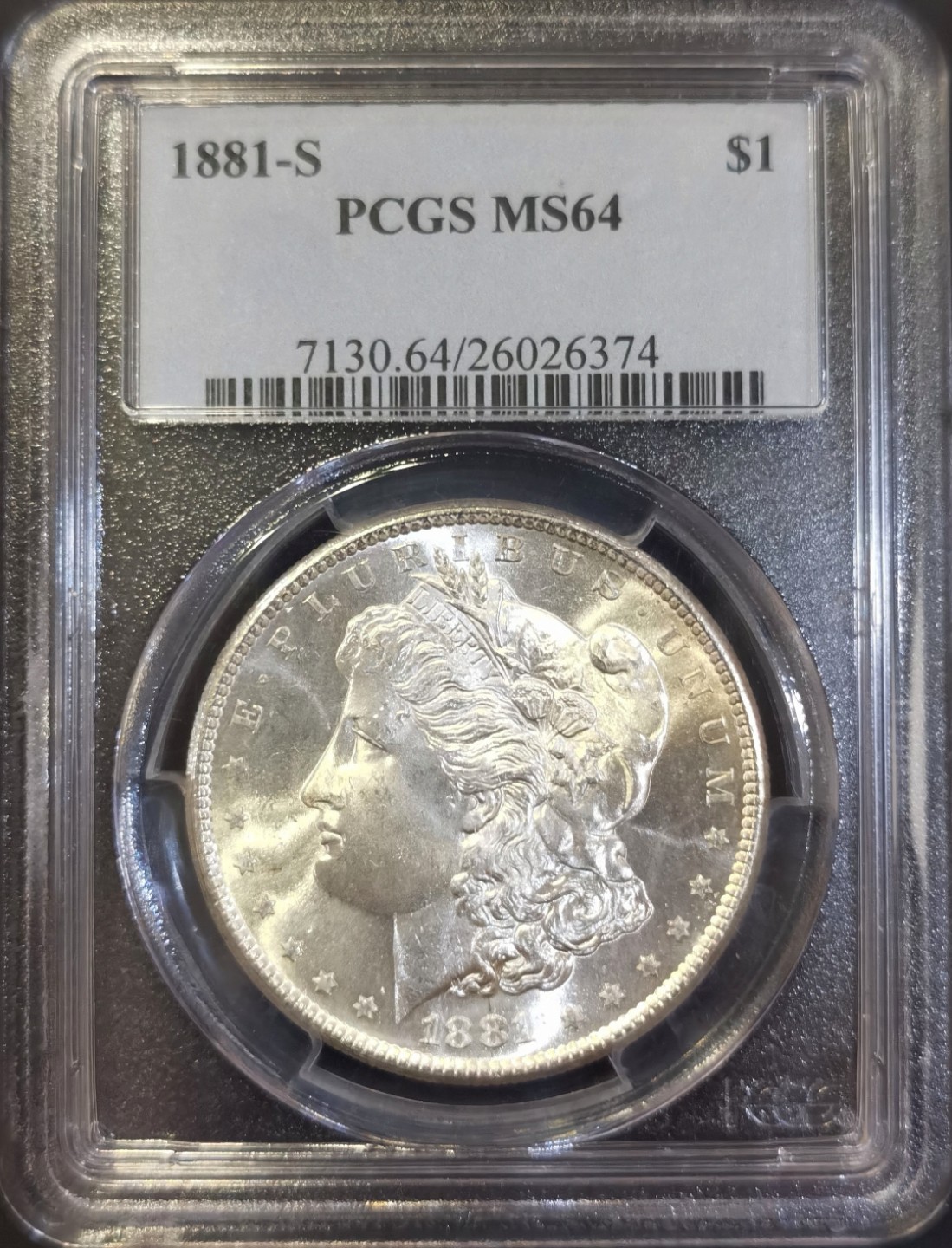 博洋堂世界钱币拍卖第008期（全场包邮） PCGS MS64 美国1881年S版摩根大银币，原卷车轮光，PC老盒低评