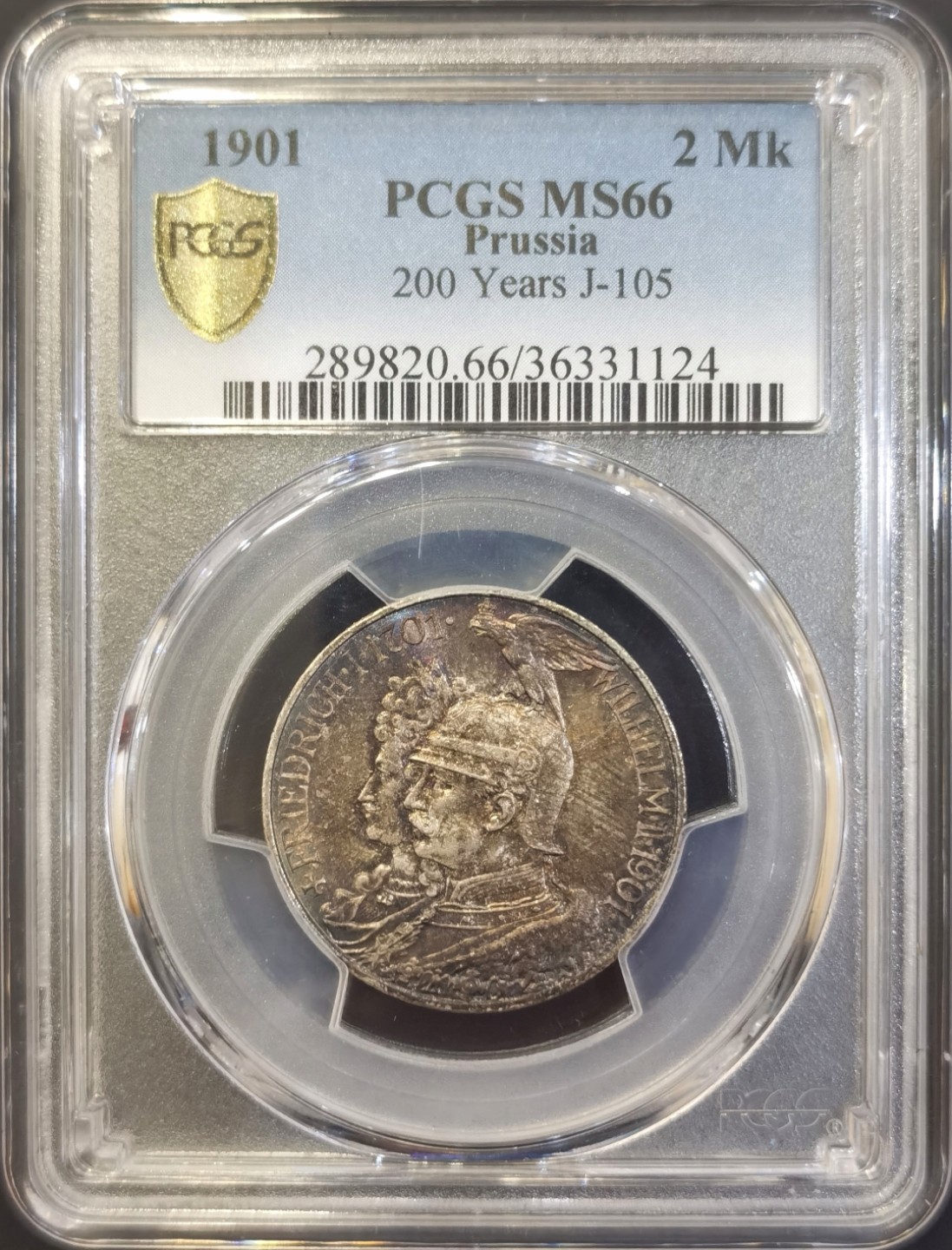 博洋堂世界钱币拍卖第008期（全场包邮） PCGS MS66 德国1901年纪念普鲁士王国建国200年2马克银币，正面五彩无敌包浆，背面镜面如霜，情趣稀有完美兼得