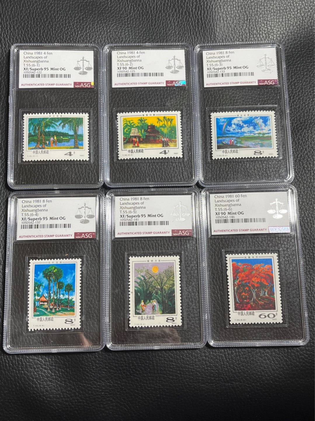 洪涛臻品批发群  精选邮票限时拍卖第一百零七期 T55西双版纳新全  ASG  —2，—6  90分，其余4枚95冠军分🏆，严评一次性出分，4枚95高分非常难得，经典热门风景套票，同分仅此一套，喜欢不要错过！！