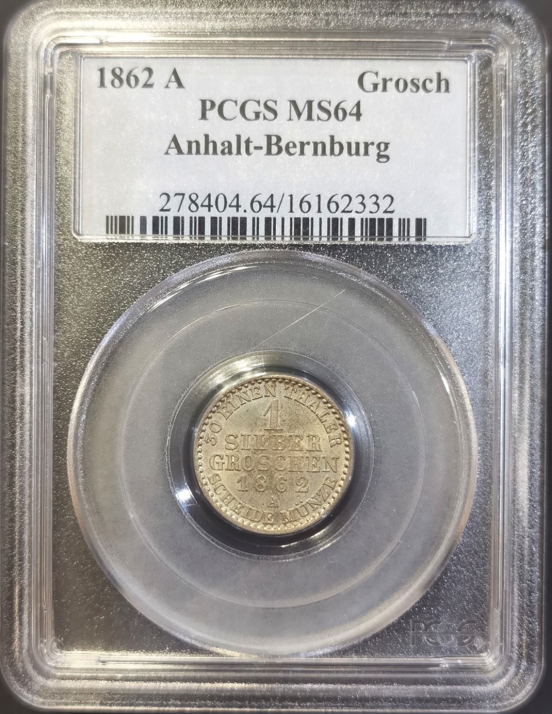 博洋堂世界钱币拍卖第008期（全场包邮） PCGS MS64 德国安哈尔特-贝恩堡1862年A版1格罗申银币，少见邦