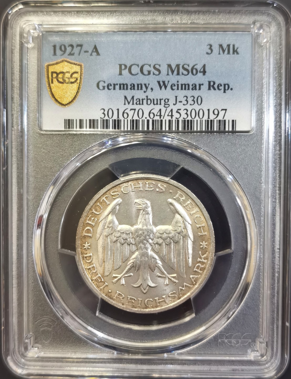 博洋堂世界钱币拍卖第008期（全场包邮） PCGS MS64 德国魏玛共和国1927年马堡菲利普斯大学3马克纪念银币