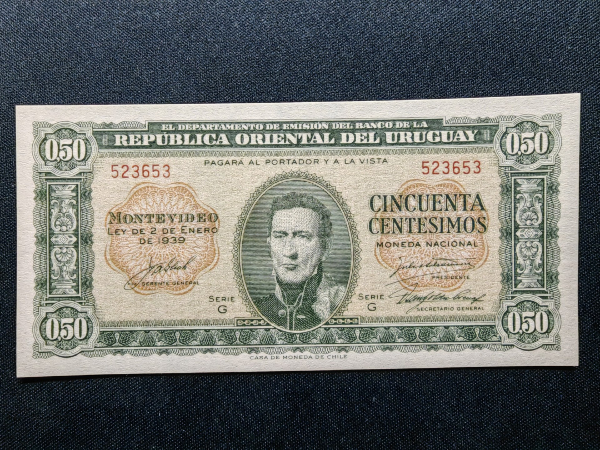 第②场-外国精品纸钞 全新UNC 1939年 乌拉圭50分