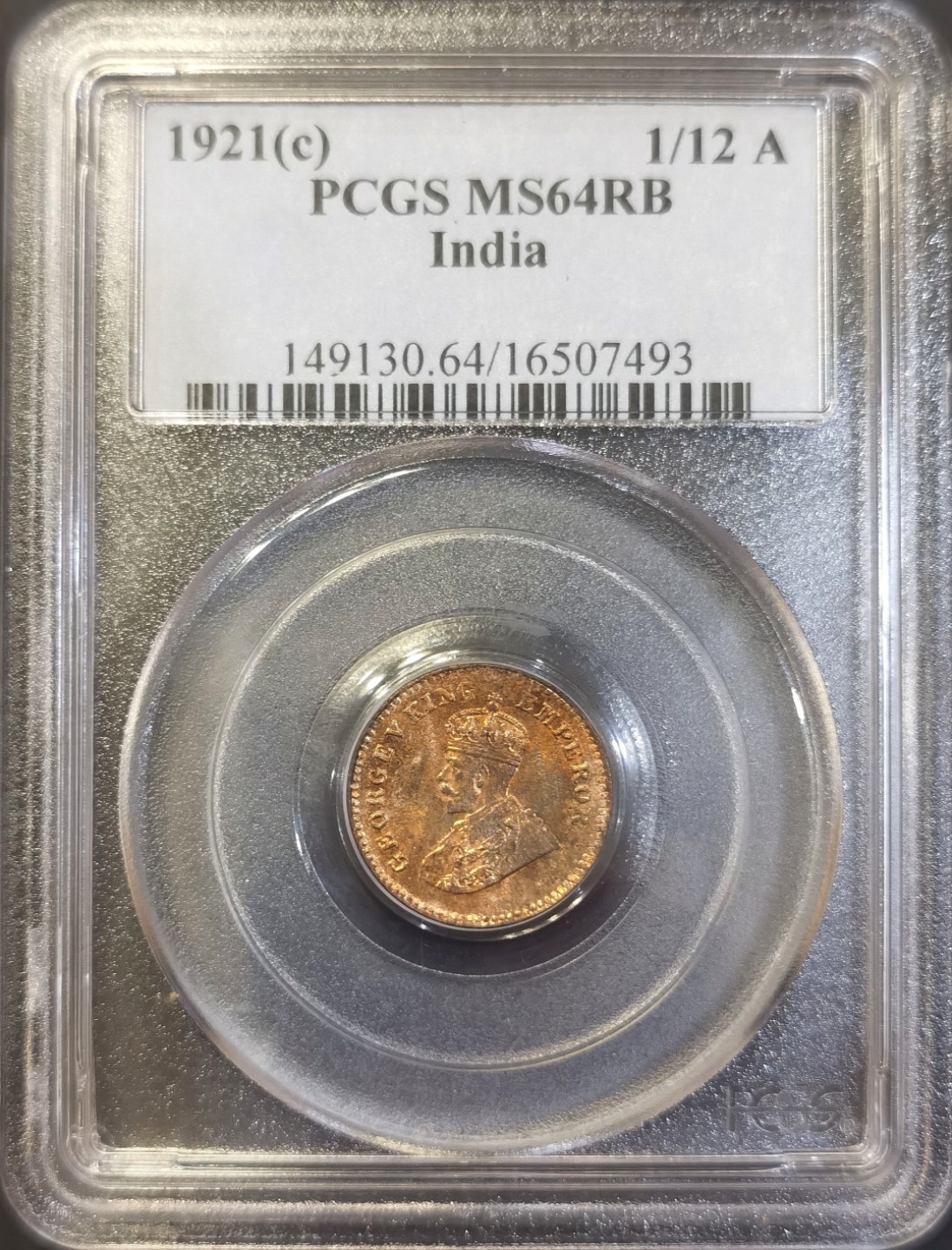 博洋堂世界钱币拍卖第008期（全场包邮） PCGS MS64RB 英属印度1921年c版乔五1/12安娜铜币，红铜光状态好
