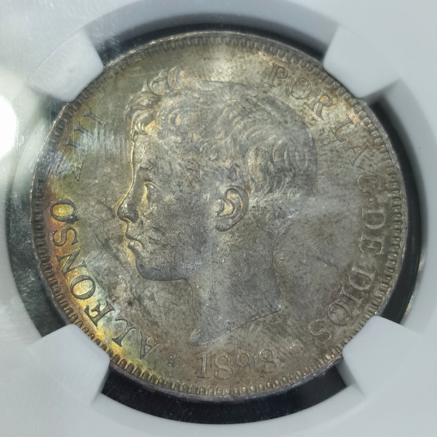 博洋堂世界钱币拍卖第008期（全场包邮） NGC MS62 西班牙1898年阿方索十三世5比赛塔大银币，难得五彩包浆