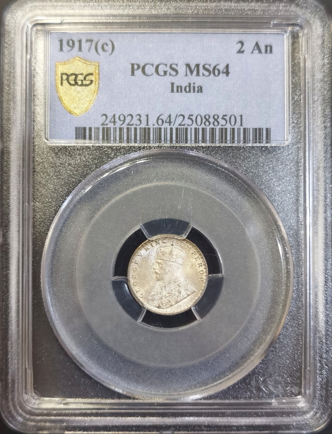 博洋堂世界钱币拍卖第008期（全场包邮） PCGS MS64 英属印度1917年c版乔五2安娜银币，高分配套佳品