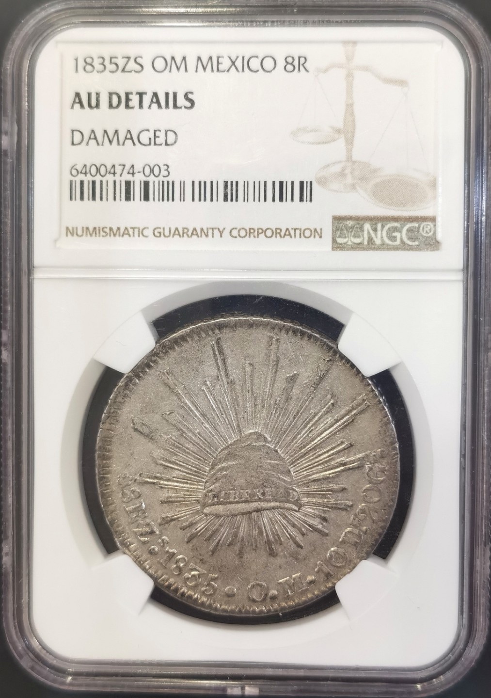 博洋堂世界钱币拍卖第008期（全场包邮） NGC AU 墨西哥1835年ZS OM版花边鹰洋8R