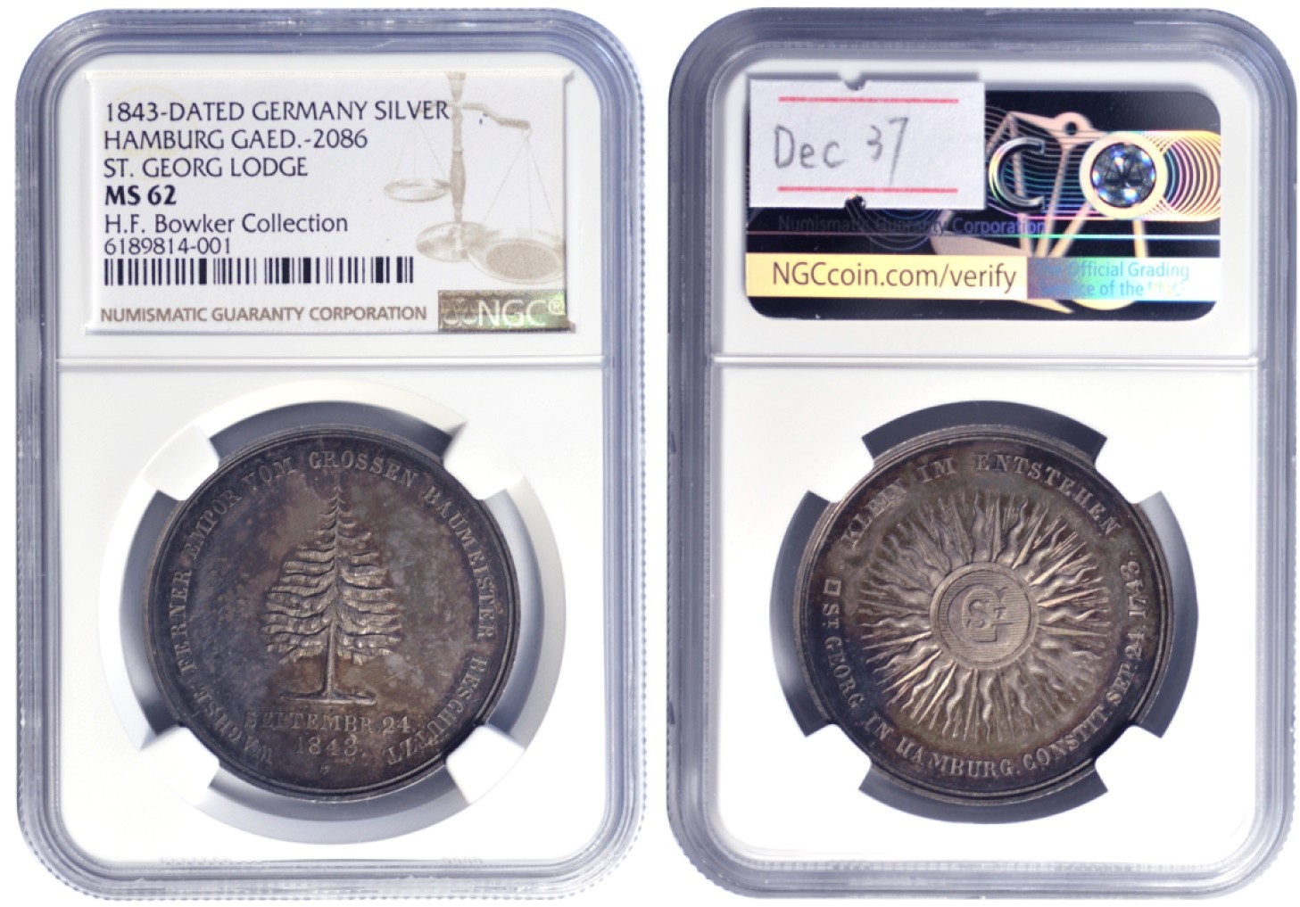 冠军拍卖名人旧藏专场 1843年德国汉堡银币，Gaed.-2086，NGC MS62，包克收藏