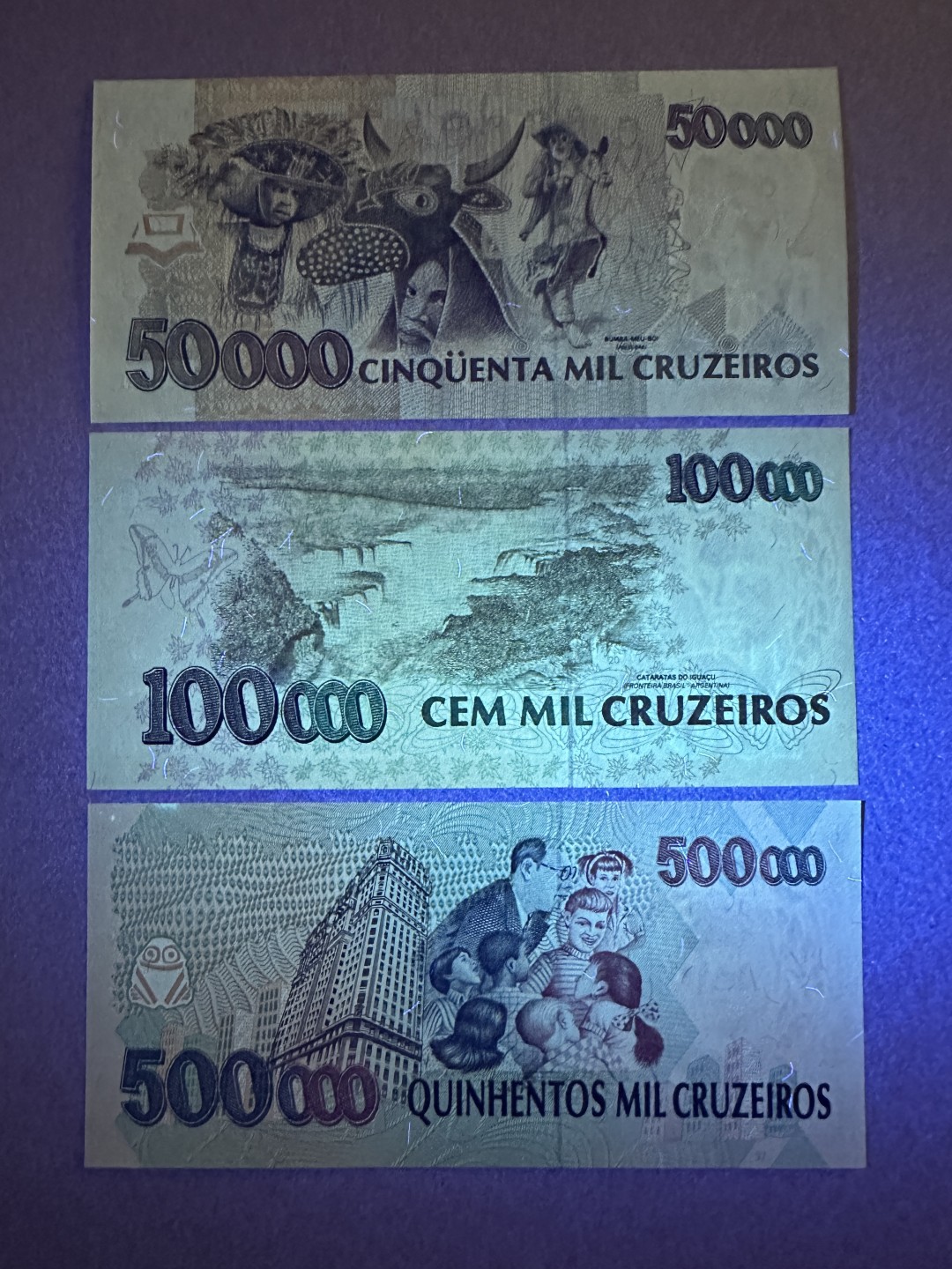 《张总收藏》83期——外币精品 巴西50、100、500雷亚尔3张 UNC 1993年加盖改值版