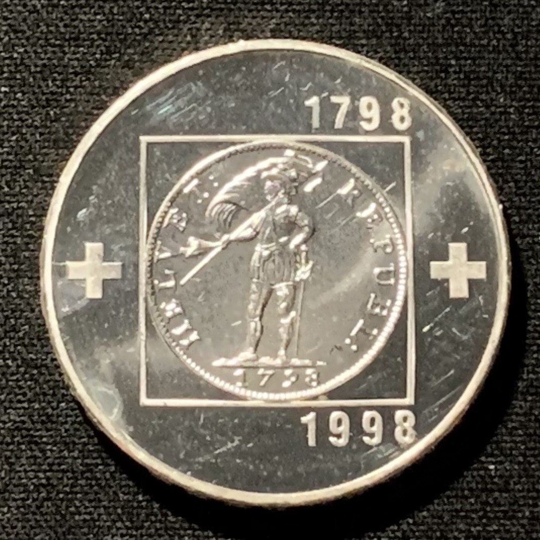 紫瑗钱币——第267期拍卖 瑞士 1998年 赫尔维共和国成立200周年 20法郎 20克 0.835银 UNC
