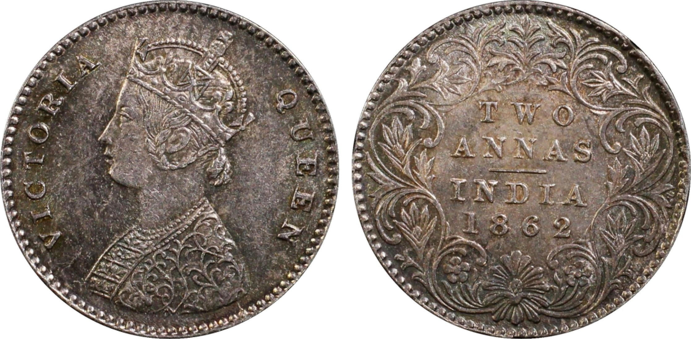 博洋堂世界钱币拍卖第008期（全场包邮） PCGS MS64 英属印度1862年c版维多利亚2安娜银币，原味五彩
