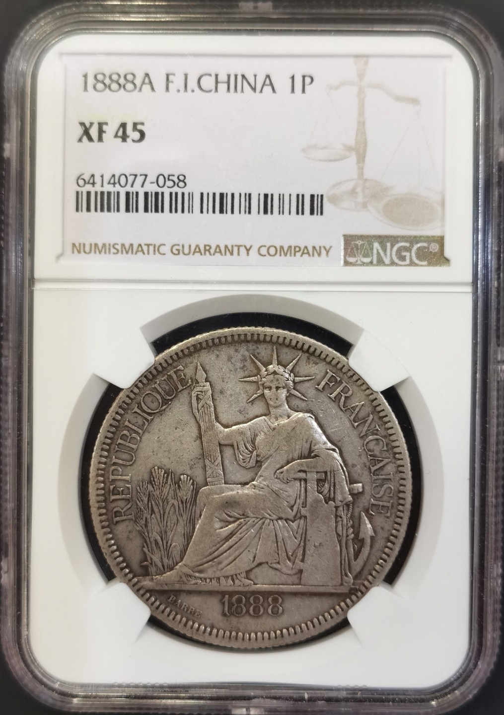 博洋堂世界钱币拍卖第008期（全场包邮） 荐！NGC XF45 法属印支坐洋1888年，五珍特年