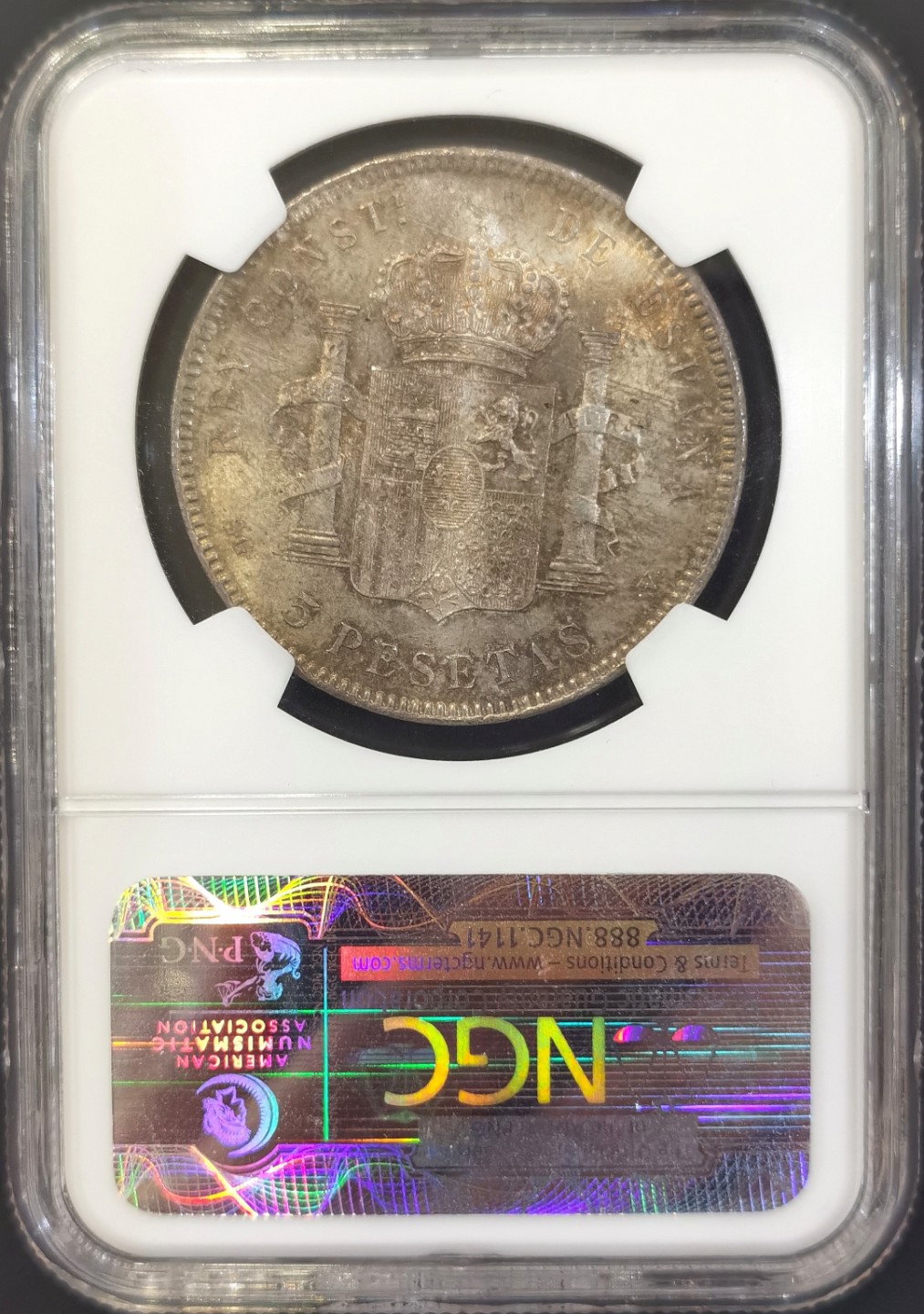 博洋堂世界钱币拍卖第008期（全场包邮） NGC MS62 西班牙1898年阿方索十三世5比赛塔大银币，难得五彩包浆