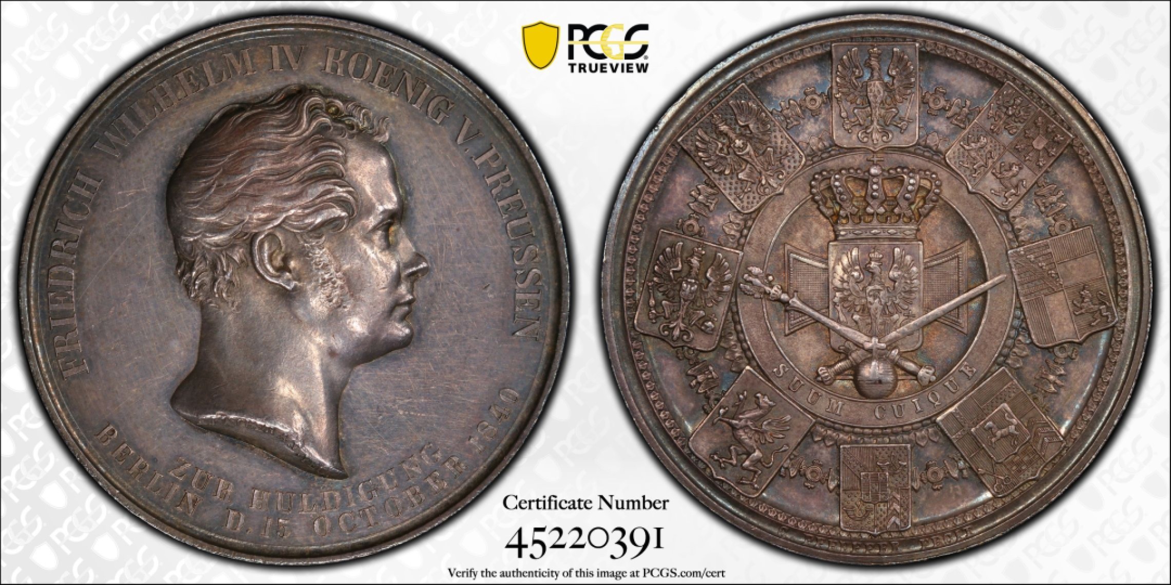 博洋堂世界钱币拍卖第008期（全场包邮） PCGS SP58 德国1840年威廉四世登基银章，PC第三名