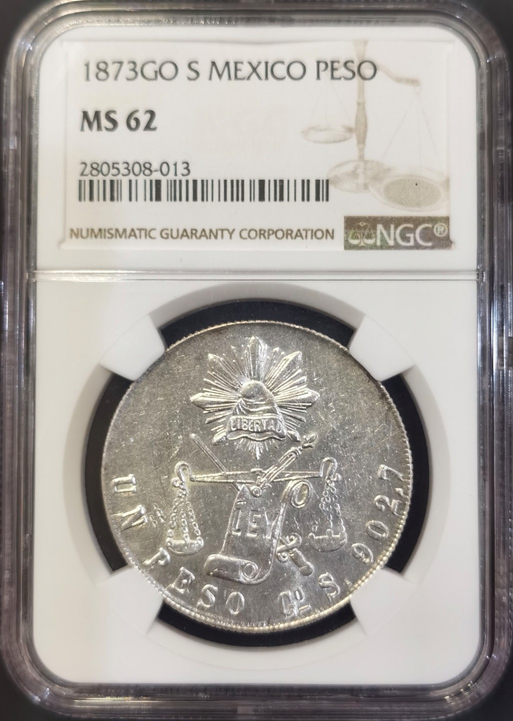 博洋堂世界钱币拍卖第008期（全场包邮） NGC MS62 墨西哥1873年GO S版1比索天平鹰洋，仅有三枚更高分