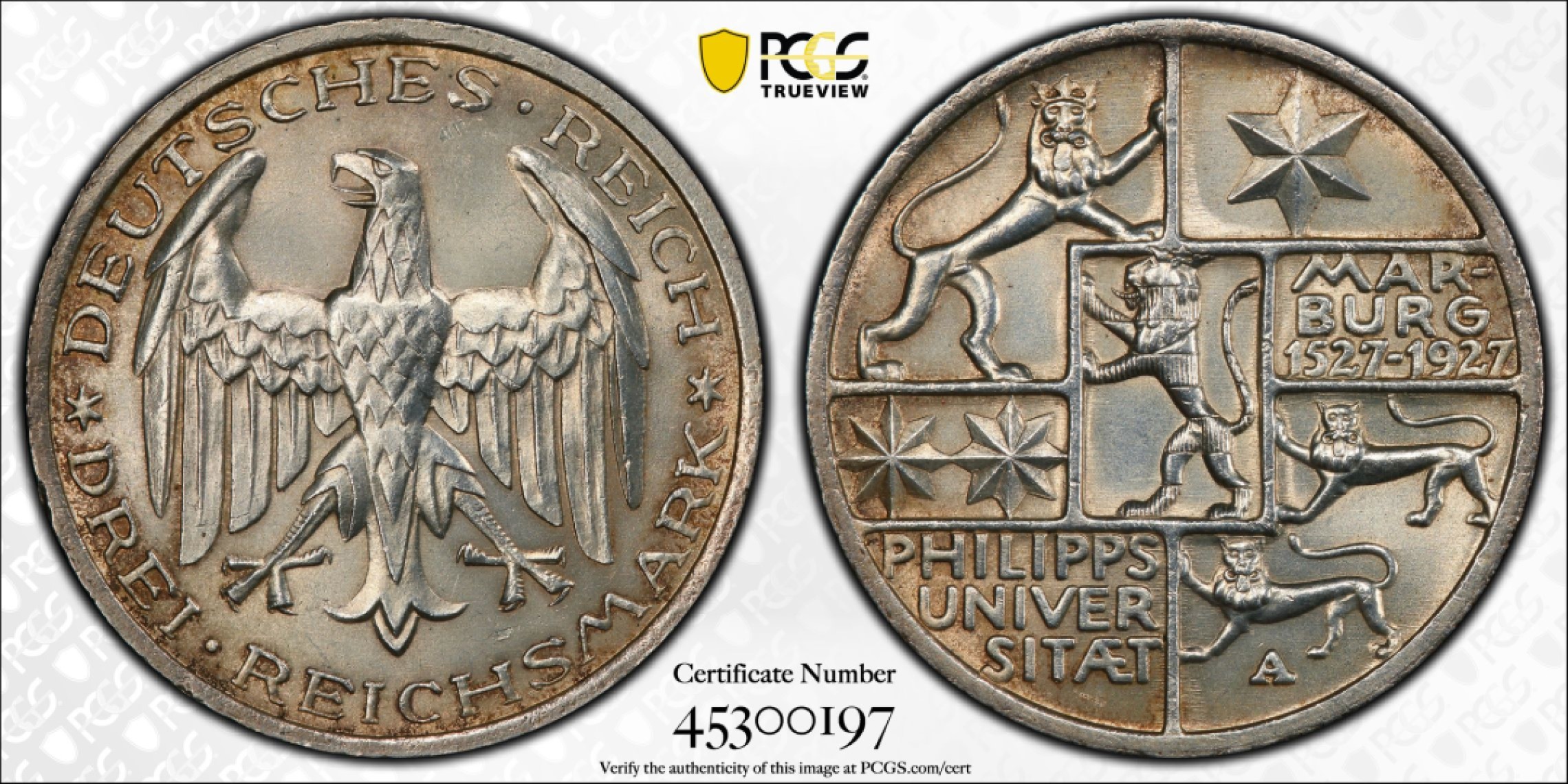博洋堂世界钱币拍卖第008期（全场包邮） PCGS MS64 德国魏玛共和国1927年马堡菲利普斯大学3马克纪念银币