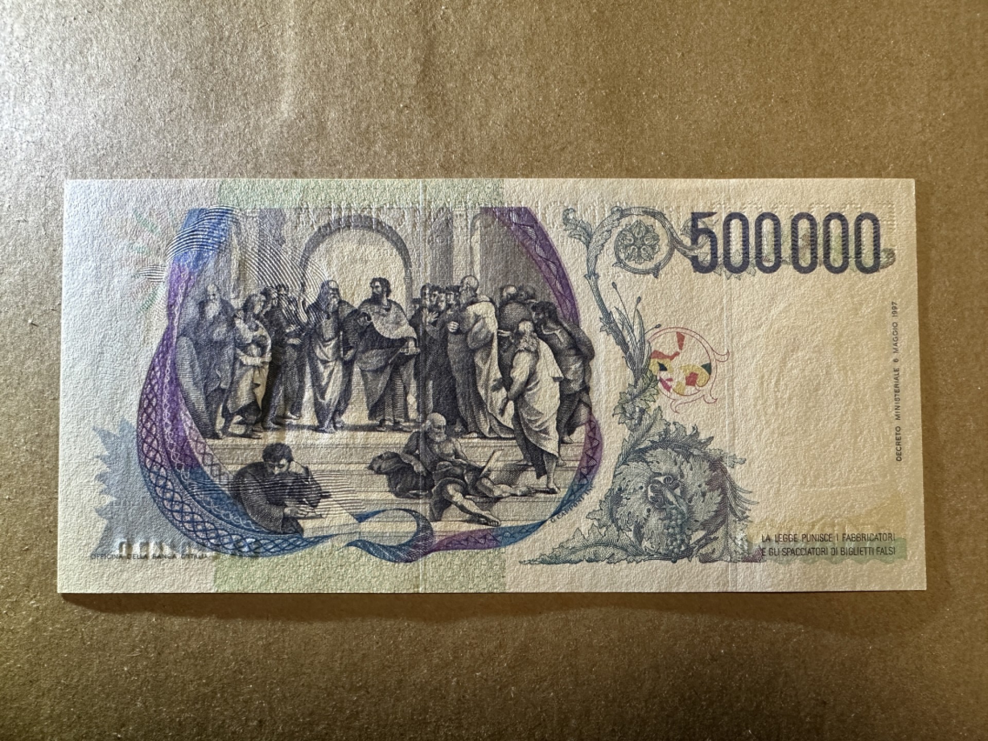 《张总收藏》83期——外币精品 意大利500000 UNC 1997年 意大利著名画家拉斐尔 绝品品相