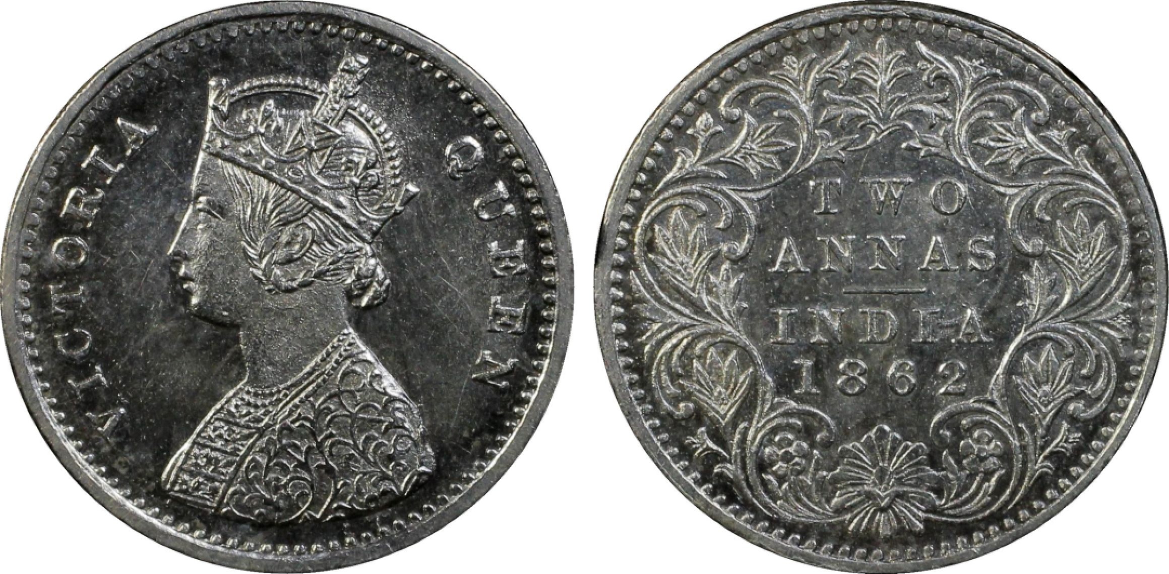 博洋堂世界钱币拍卖第008期（全场包邮） PCGS MS64 英属印度1862年b版维多利亚2安娜银币，PC唯一冠军分