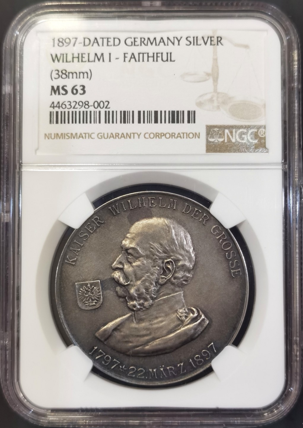 博洋堂世界钱币拍卖第008期（全场包邮） NGC MS63 德国1897年威廉一世诞辰100周年纪念银章，NGC唯一评级