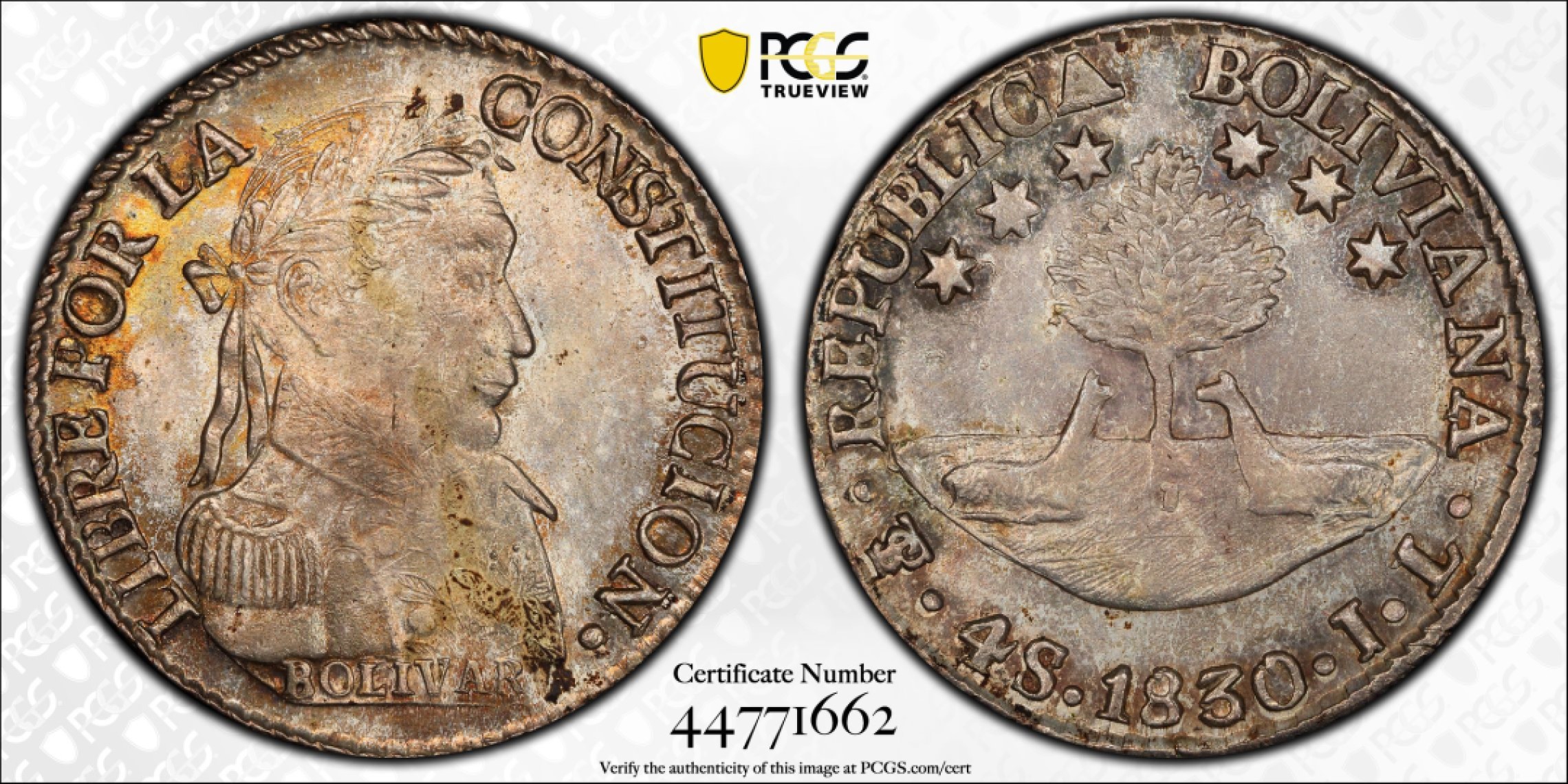 博洋堂世界钱币拍卖第008期（全场包邮） PCGS MS63 玻利维亚1830年4S银币，名家旧藏，半圆少见高分，PC第二名