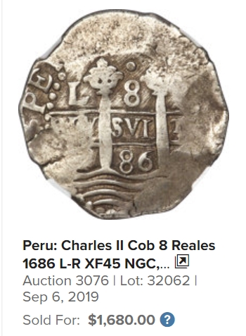 博洋堂世界钱币拍卖第008期（全场包邮） NGC AU53 西属秘鲁1686年COB大银币8R，NGC冠军分