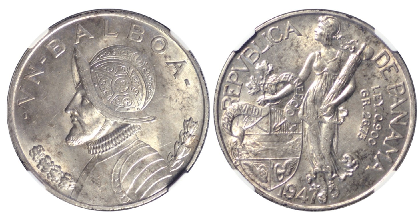 冠军拍卖名人旧藏专场 1947年巴拿马1巴波亚银币，KM-13，NGC MS62，华人家族收藏