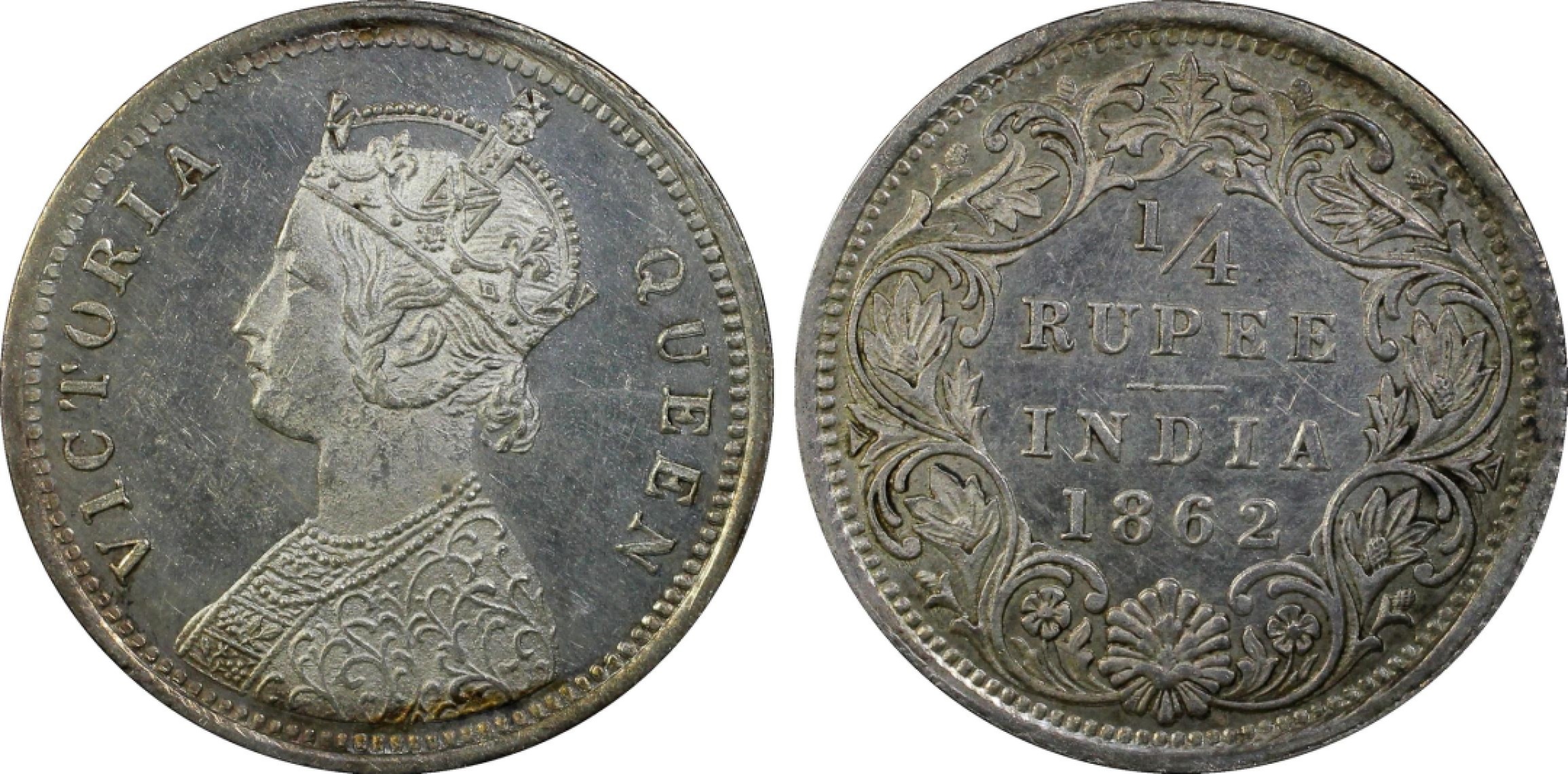 博洋堂世界钱币拍卖第008期（全场包邮） PCGS MS63 英属印度1862年b版维多利亚1/4卢比银币，少，PC第二名
