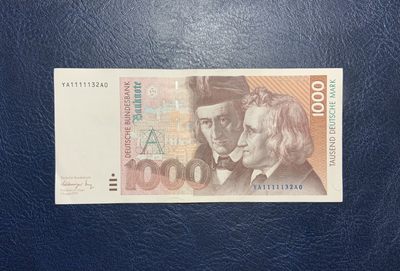 收藏联盟Quantum Auction 第216期拍卖  - 德国联邦1991年1000马克 品相AU- 格林兄弟 少见首发补号YA_A0 老虎号开头 号码无47