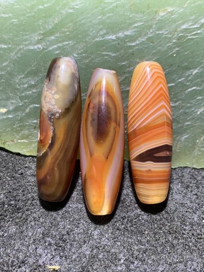 通货缠丝玛瑙桶珠3个， - 通货缠丝玛瑙桶珠3个，