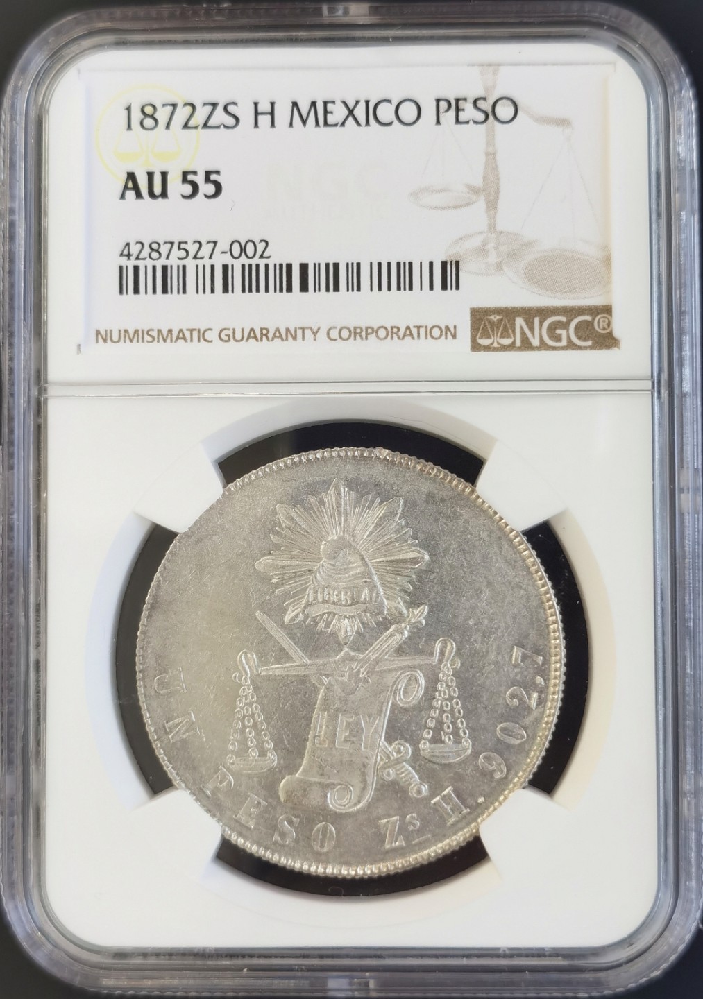博洋堂世界钱币拍卖第008期（全场包邮） NGC AU55 墨西哥1872年ZS H版1比索天平鹰洋