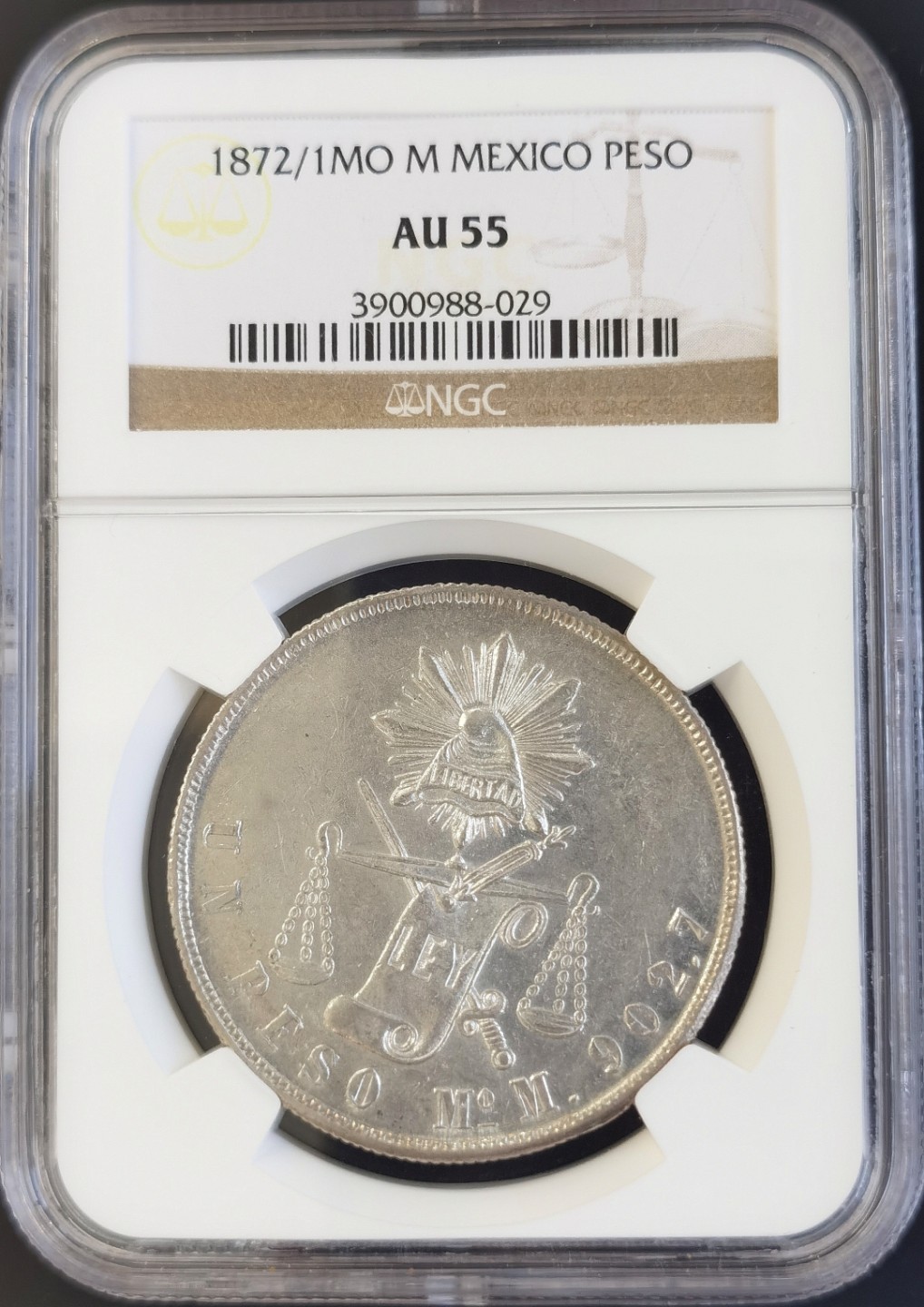 博洋堂世界钱币拍卖第008期（全场包邮） NGC AU55 墨西哥1872/1年MO M骑字版1比索天平鹰洋