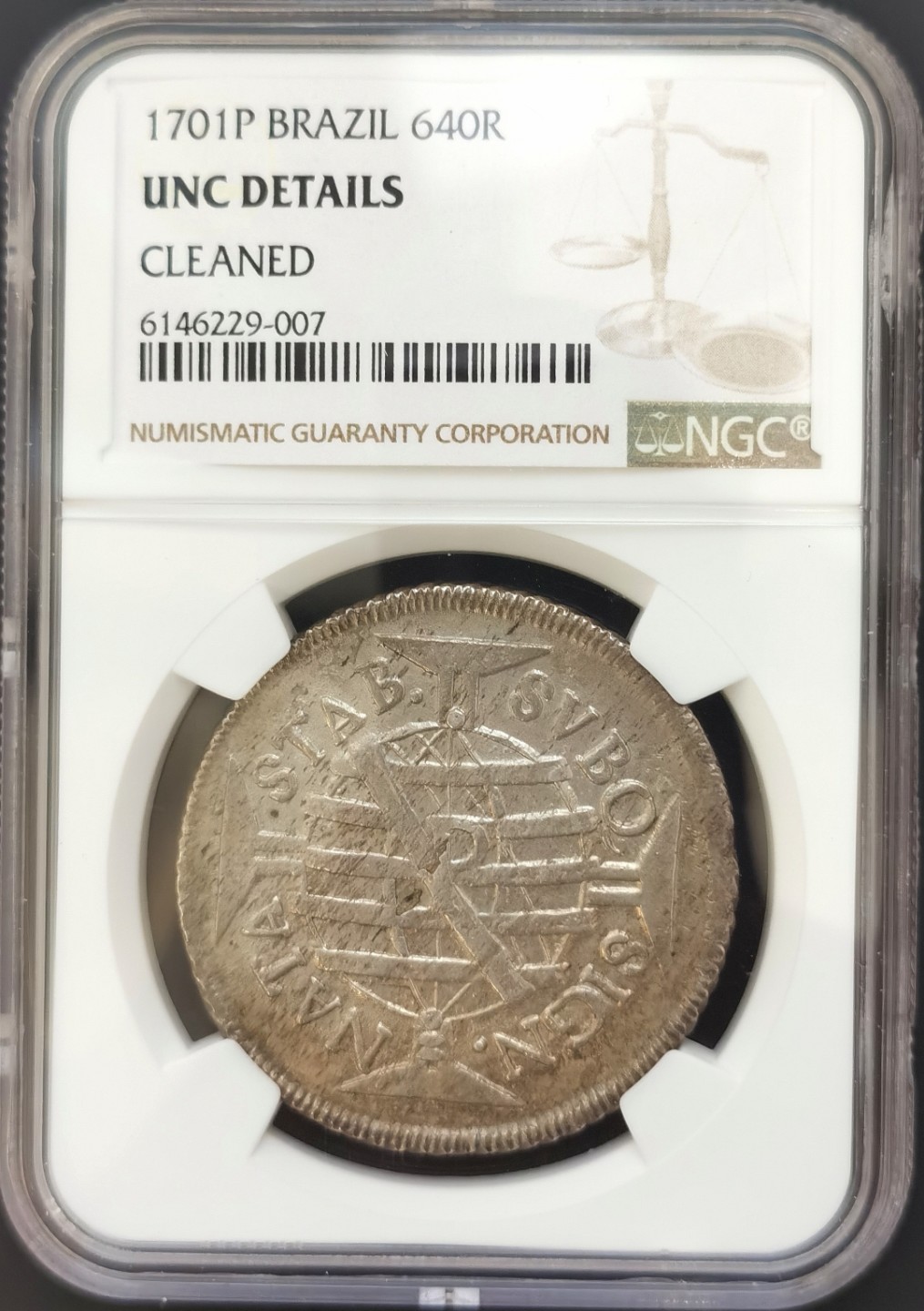 博洋堂世界钱币拍卖第008期（全场包邮） NGC UNC 巴西1701年佩德罗二世640R银币，少见面值，UNC状态好