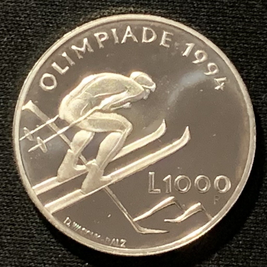 紫瑗钱币——第268期拍卖 圣马力诺 1994年 利勒哈默尔冬奥会 高台滑雪 1000里拉 14.6克 0.835银 精制