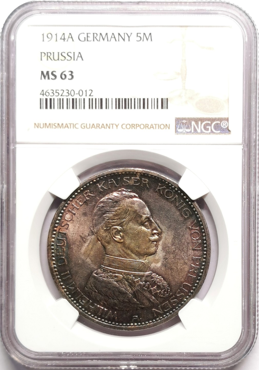 凡希社世界钱币微拍第二百二十二期 1914普鲁士军装5马克大银NGC-MS63重度五彩！