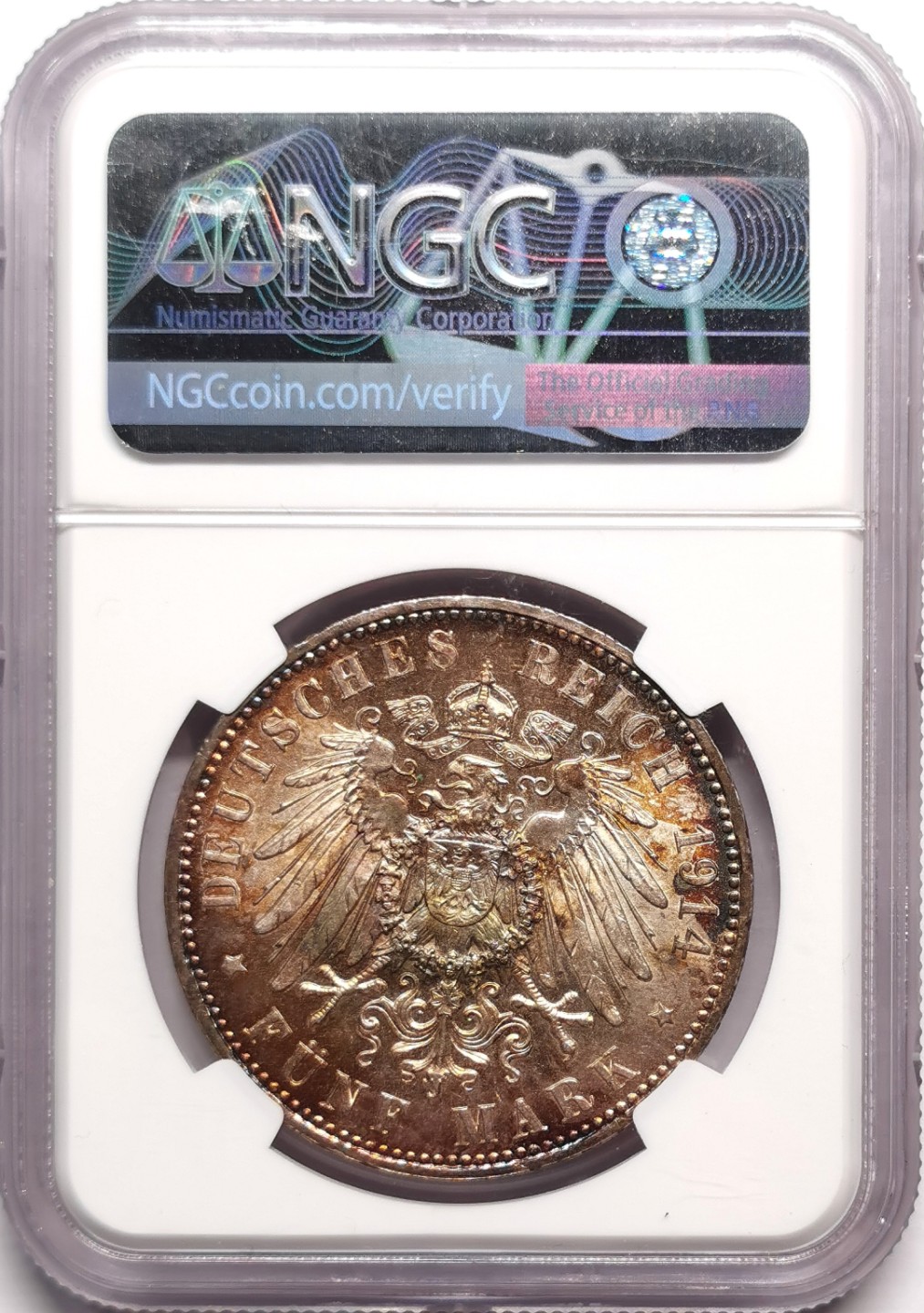 凡希社世界钱币微拍第二百二十二期 1914普鲁士军装5马克大银NGC-MS63重度五彩！