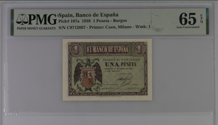 收藏联盟Quantum Auction 第217期拍卖  西班牙1938年1比塞塔 PMG65 意大利代印