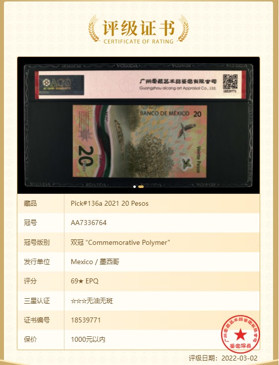 《张总收藏》83期——外币精品 墨西哥2021年20比索首发AA冠爱藏评级69星