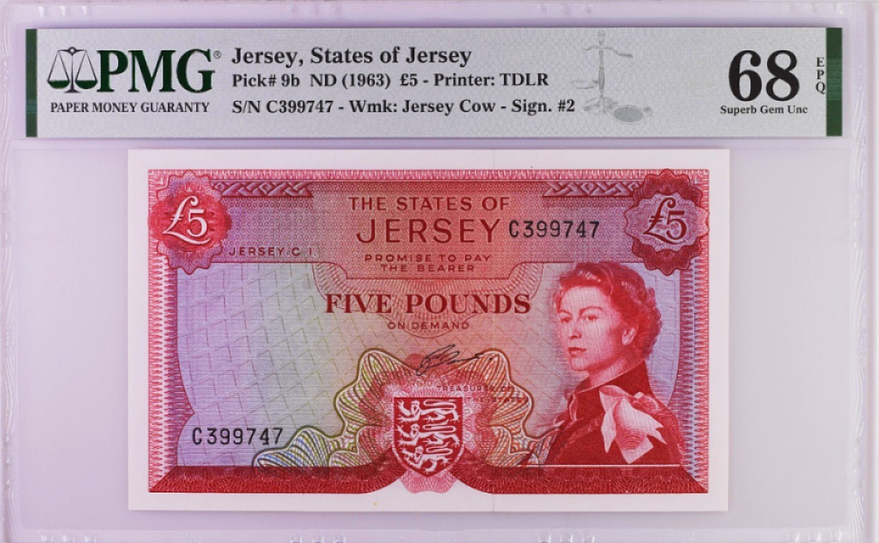 《张总收藏》83期——外币精品 泽西岛5镑1963年版PMG68E冠军分 英女王戎装像 英属纸币