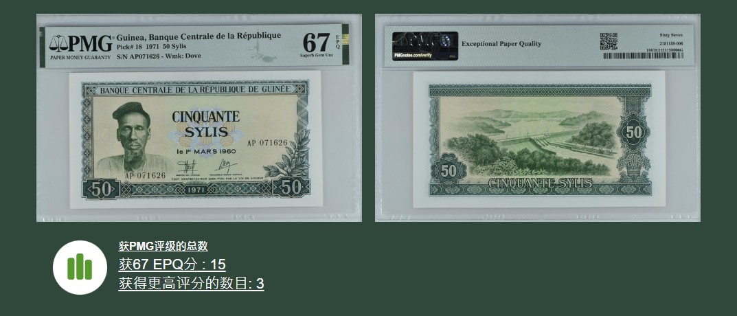 《张总收藏》83期——外币精品 几内亚1971年50赛里斯PMG67E亚军分无4