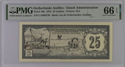 收藏联盟Quantum Auction 第219期拍卖  - 荷属安德烈斯1972年25盾 PMG66 火烈鸟和博内尔岛风光(荷属安的列斯最大的岛) 稀少