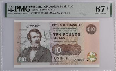 收藏联盟Quantum Auction 第219期拍卖  - 苏格兰克莱斯戴尔银行1988-90年10镑 PMG67 探险家李文斯通和其故居