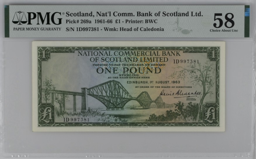 收藏联盟Quantum Auction 第219期拍卖  苏格兰国民商业银行1963年1镑 PMG58 