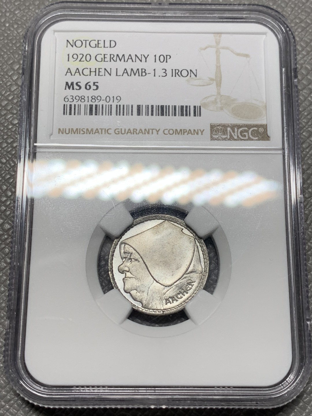《竞宝斋》第123场-周日，周一 ，2场连拍（全场包邮） NGC-MS65 德紧 德国亚琛1920年老妇人1格罗申铁币 更高分只有2枚