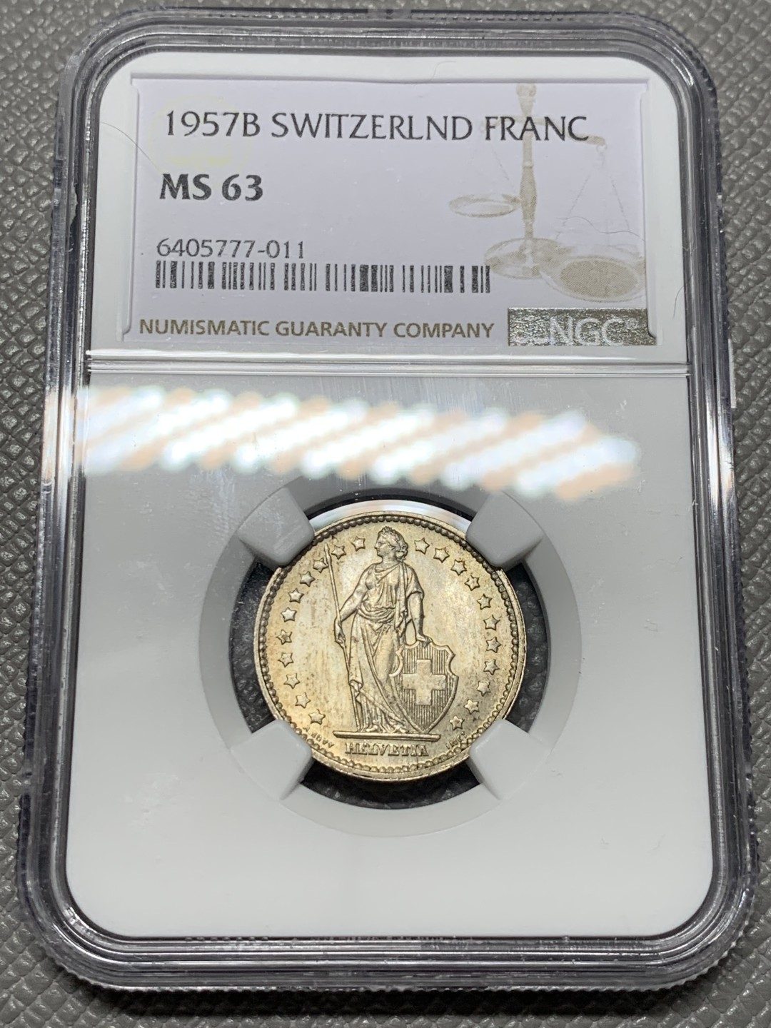 《竞宝斋》第123场-周日，周一 ，2场连拍（全场包邮） NGC-MS63 瑞士 1957年 赫尔维蒂亚 雪山女神 1法郎 银币