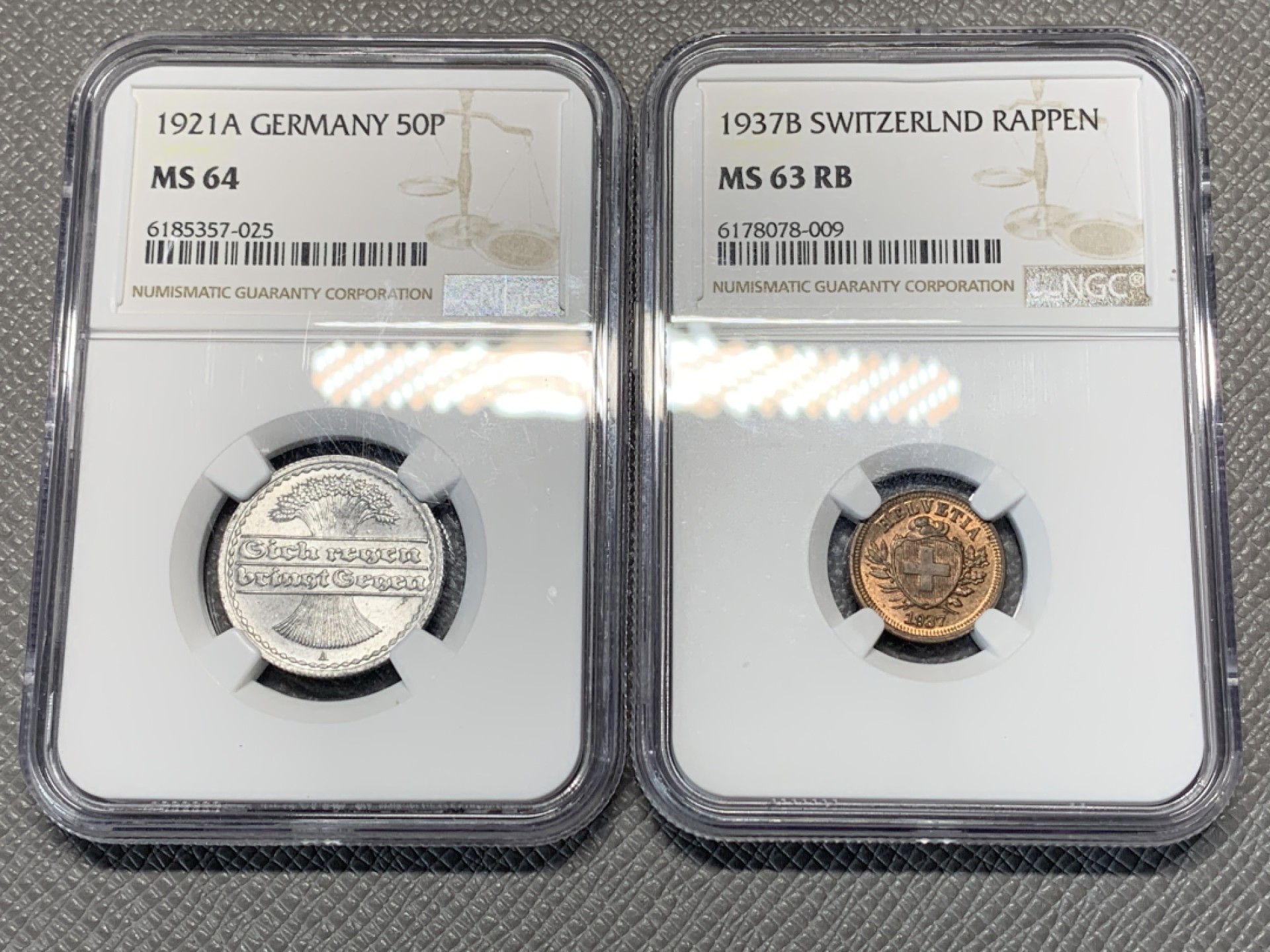 《竞宝斋》第123场-周日，周一 ，2场连拍（全场包邮） 2枚一组 NGC-MS63/64 德国1921年50芬妮、瑞士1937年1分  早期辅币