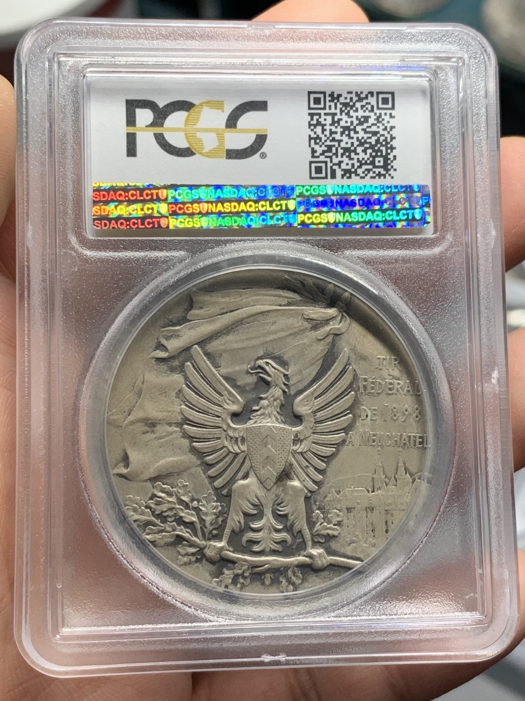 《竞宝斋》第123场-周日，周一 ，2场连拍（全场包邮） PCGS SP64 1898年瑞士纳沙泰尔射击节大银章 品相完美 收藏级