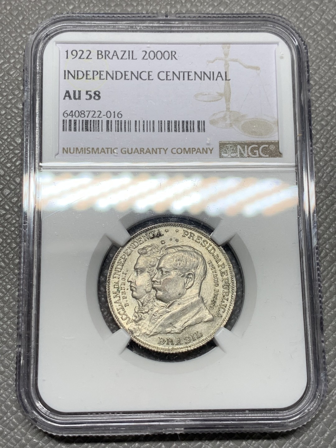 《竞宝斋》第123场-周日，周一 ，2场连拍（全场包邮） NGC-AU58 巴西1922年 独立纪念 2000R银币 稀少品种